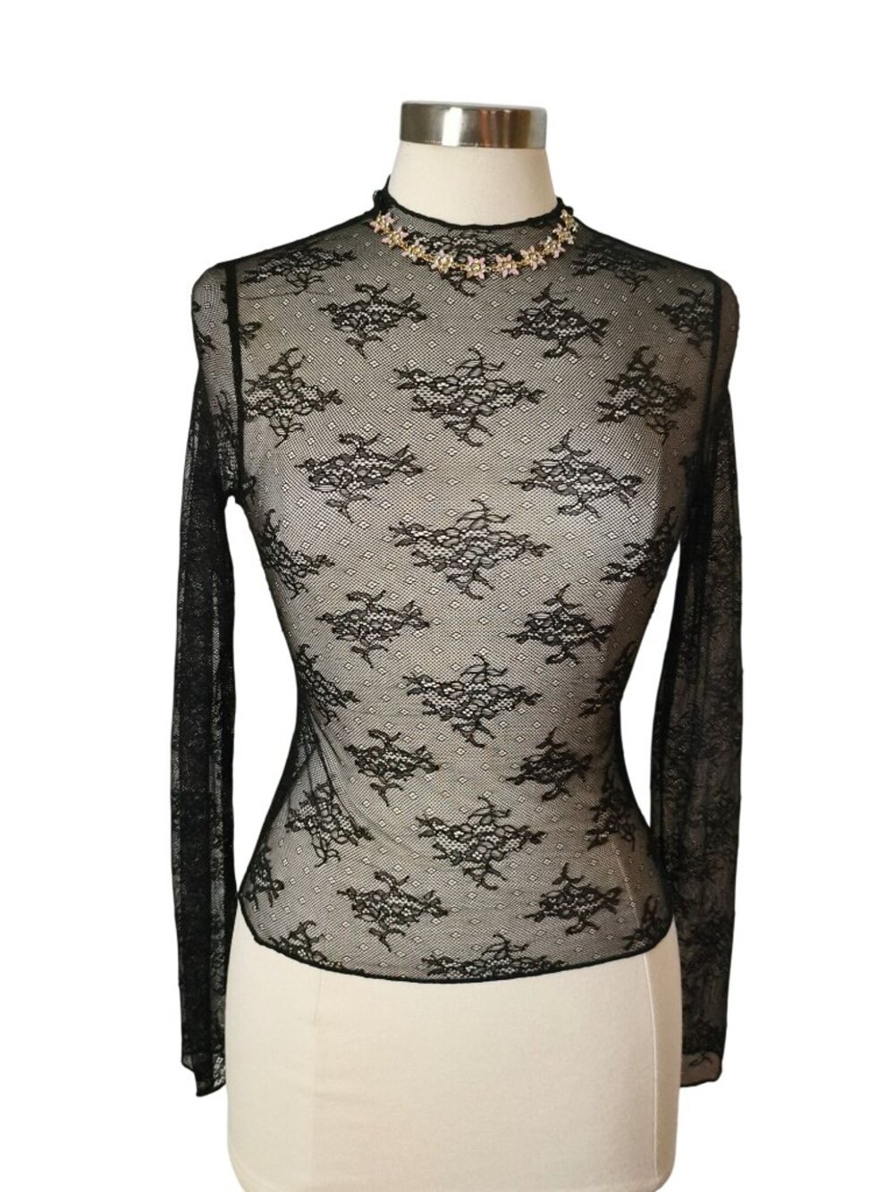 Womens M Lace Long Sleeve Sheer Blouse Black Stretchy Elegant Design Layering